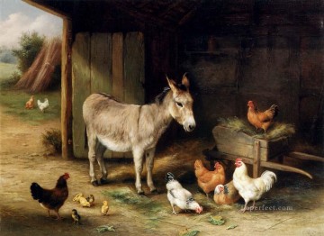 Poules d’âne et poulets dans une ferme de grange animaux Edgar Hunt Peinture à l'huile